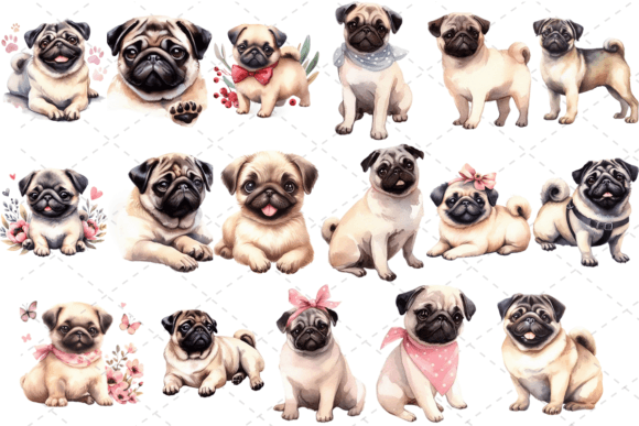 17 Watercolor Clipart: Pug Dog Bundle for Creative Projects