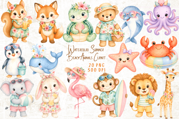 Bringing the Coast to Life: Watercolor Summer Beach Animals Clipart