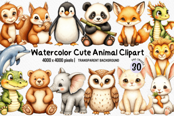 Charming Watercolor Cute Cartoon Animals Clipart