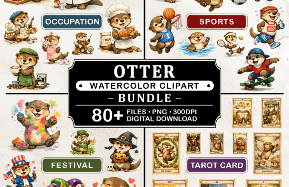 Creative Charm: The 80+ PNG Otter Bundle Watercolor Clipart Set