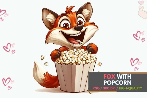 Cute Fox with Pop Popcorn PNG: A Design Asset with Personality
