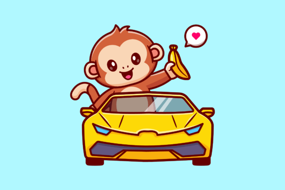 Cute Monkey Driving Car with Banana: A Playful Design Asset