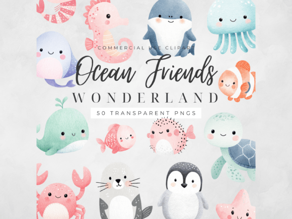 Dive into Creativity: Ocean Animals Clipart Watercolor Sea PNG