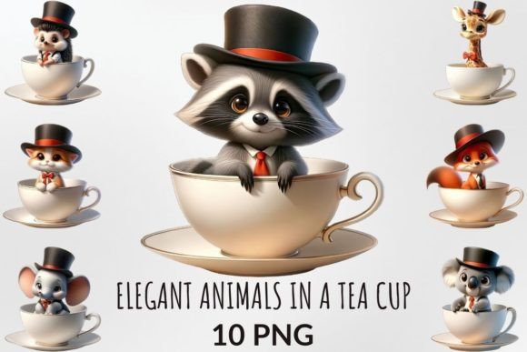 Elegant Animals in a Tea Cup Sublimation: Whimsical Design Assets
