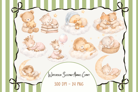Enchant Your Projects with Watercolor Sleeping Animals Clipart