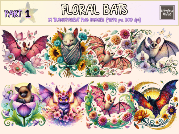 Floral Bats Clipart: Gothic Charm Meets Botanical Beauty