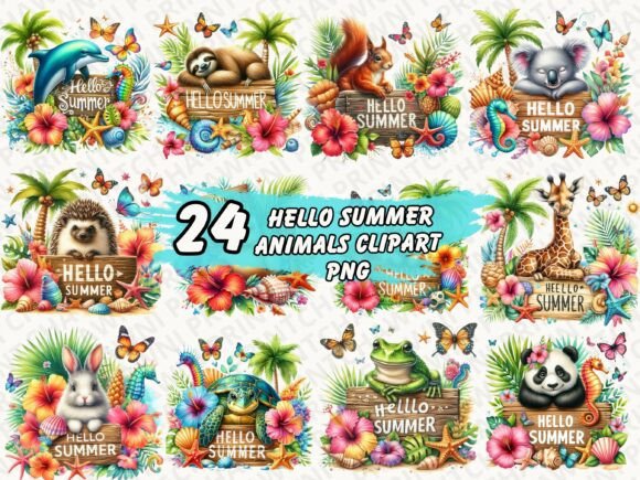 Hello Summer Animals Clipart PNG Bundle