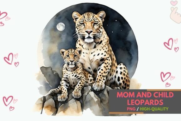 Leopard Mom & Baby PNG: Watercolor Charm for Creative Projects