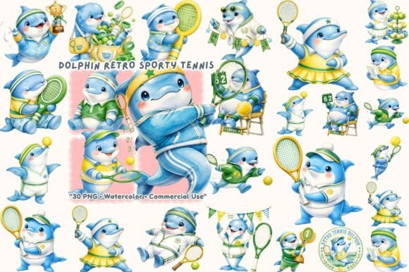 Retro Dolphin Tennis Watercolor: A Splash of Vintage Sporty Charm
