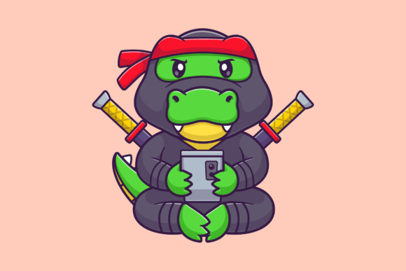 Unleash Playful Charm: The Cute Crocodile Ninja Holding Phone Vector