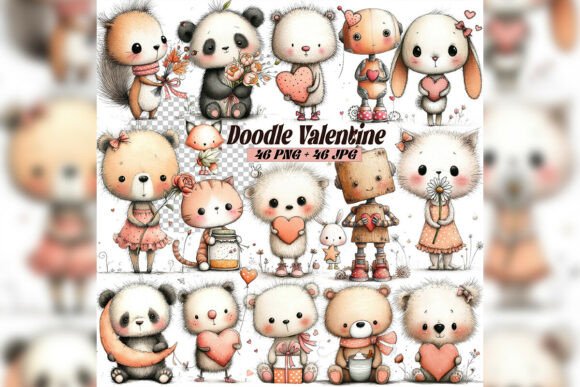 Whimsical Doodle Valentine Animals Clipa: A Charming Design Asset